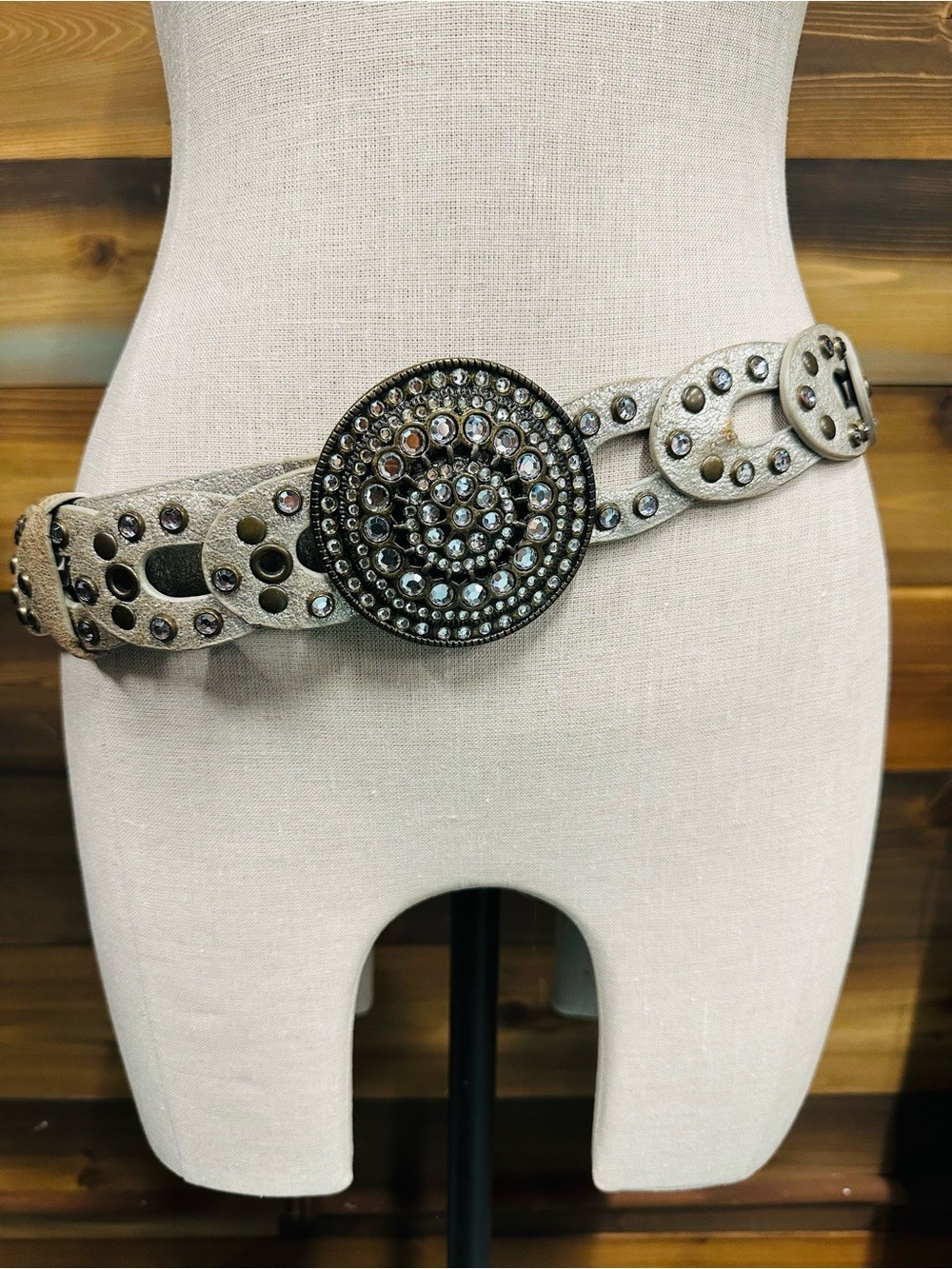Vintage Leather Concho Belt Crystal Buckle Studded Drop Waist Adjustable Boho